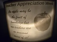 A nightlight Lithophane created to celebrate Teacher Appreciation Week!   Created using a photo depicting an apple with the message that teachers are an awesome source of knowledge